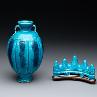 A Chinese turquoise-glazed brush rest and a Fahau vase, 18/19th C.