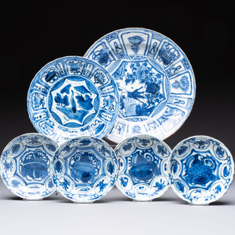 Two Chinese blue and white 'kraak' dishes and four plates, Wanli