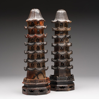 A pair of Chinese soapstone pagodas, 19/20th C.