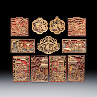 11 Chinese gilt-lacquered carved wooden panels with narrative design, 19th C.