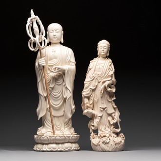 A Chinese Dehua blanc de Chine monk and a Guanyin, He Chaozong 何朝宗 and Dehua 德化 marks, 20th C.