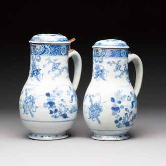 Two Chinese blue and white jugs and cover with floral design, Yongzheng/Qianlong