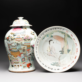 A Chinese qianjiang cai 'antiquities' covered vase and a basin with figural design, signed Yu Yicheng 俞意誠 and Xu Shanqin 徐善琴, 19th C., one dated 1893