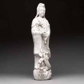 A large Chinese Dehua blanc de Chine standing Guanyin, 20th C.