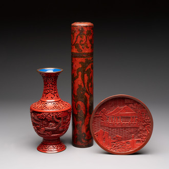 A Chinese cinnabar lacquer vase, a plate and a gilt-lacquered wooden container, 19/20th C.