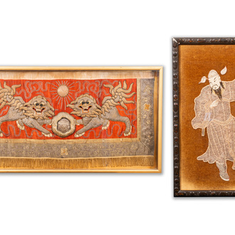 Two Chinese gold and silver-thread-embroidered silk panels with Buddhist lions and Guandi, 19th C.