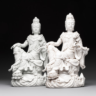 Two Chinese Dehua blanc de Chine sculptures of the seated Guanyin, He Chaozong 何朝宗 and Dehua 德化 marks, 20th C.