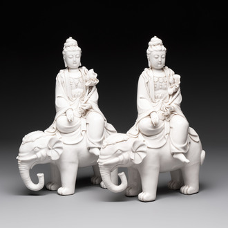 Two Chinese Dehua blanc de Chine sculptures of the Guanyin seated on an elephant, He Chaozong 何朝宗 and Dehua 德化 marks, 20th C.