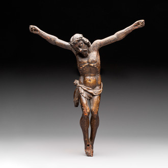 A carved wooden Corpus Christi with traces of polychromy, Spain, 16/17th C.