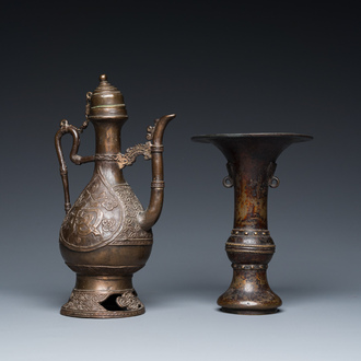 A Chinese bronze 'gu' vase and a bronze covered ewer for the Islamic market, Ming