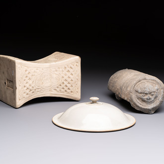 A Chinese cream-glazed pillow, a grey terracotta roof tile and a grey-glazed cover, Republic and earlier