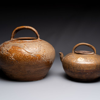 Two brown-glazed 'dragon' ewers with relief design, Qing