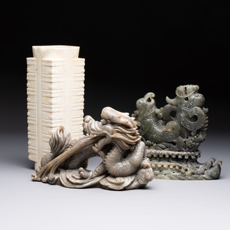Two Chinese carved jade groups and a jade ritual 'cong' vase, 20th C.