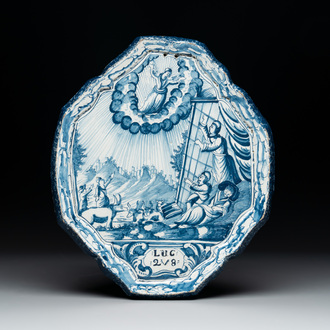 A blue and white Frisian Dutch Delft 'Annunciation to the Shepherds' plaque, inscribed 'LUC 2V8', 18th C.