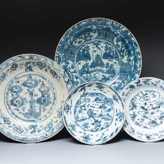 Four large Chinese Swatow blue and white dishes, Ming