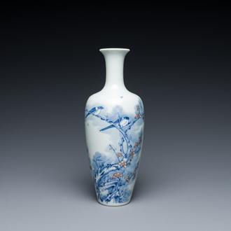 A Chinese blue, white and copper-red 'magpie and prunus' vase, Kangxi mark, 19/20th C.
