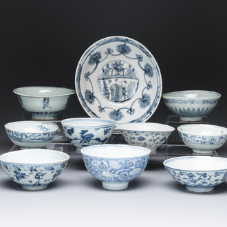 A collection of ten Chinese blue and white bowls, Ming