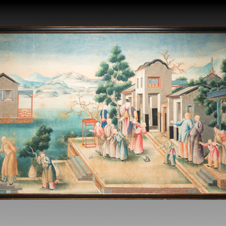 Canton school: 'Farewell at the Entrance of an Official's Residence', gouache on paper, Qianlong