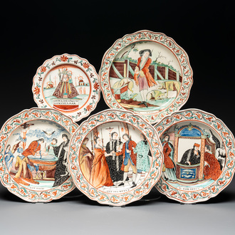 Five Dutch-decorated English 'religious subject' creamware plates, 18th C.
