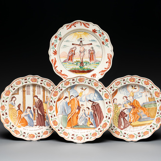 Four Dutch-decorated English 'religious subject' creamware plates, 18th C.