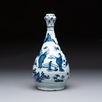 A rare Chinese blue and white 'Immortals' garlic-mouth bottle vase, Wanli/Tianqi