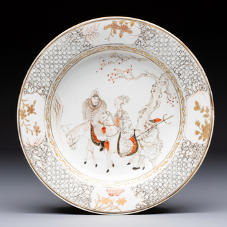 A fine Chinese grisaille, iron-red and gilt-decorated 'Riders on Horseback' plate, Yongzheng