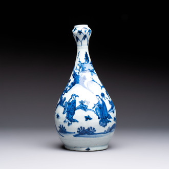 A rare Chinese blue and white 'Immortals' garlic-mouth bottle vase, Liao 料 mark, Wanli/Tianqi