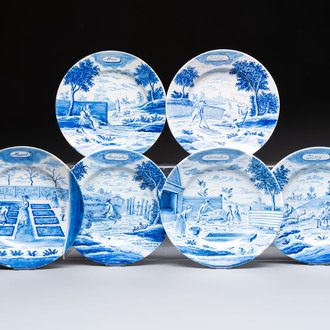 Six blue and white Dutch Delft 'Month' plates, Makkum, 19th C.
