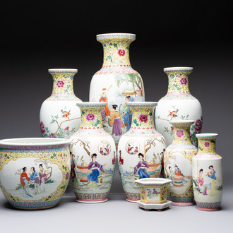 Seven Chinese famille rose vases, a scroll jar and a jardinière on a stand, Qianlong marks, 20th C.