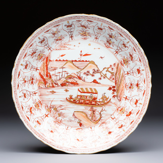A Chinese iron-red and gilt-decorated 'Ode to the Red Cliff' dish, Kangxi