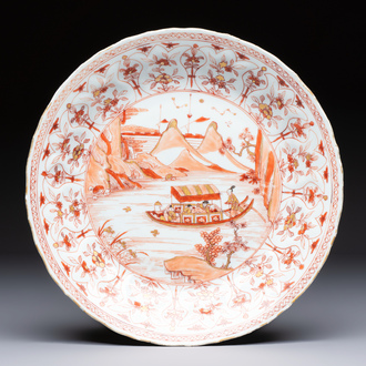 A Chinese iron-red and gilt-decorated 'Ode to the Red Cliff' dish, Kangxi