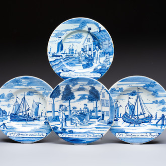 Four blue and white Dutch Delft 'Herring Fishery' plates, 18th C.