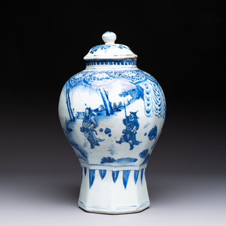A Chinese blue and white 'Li Shimin 李世民 and Qin Qiong 秦瓊' vase and cover, Transitional period