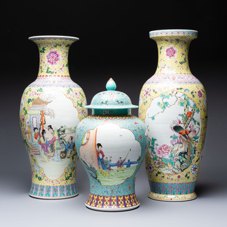 Two Chinese famille rose yellow-ground vases and a turquoise-ground vase, Qianlong and Jing De Zhen 景德鎮 marks, 20th C.