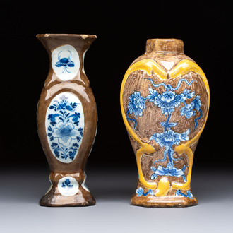 Two blue and white Dutch Delft capucin-brown-ground vases, 18th C.