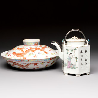 A Chinese famille rose covered 'Dragon' bowl and a teapot, Guangxu and Wang Yongshun 汪永順 mark, 19/20th C.