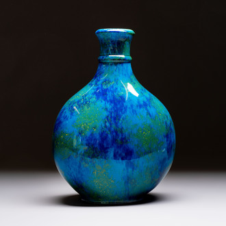 Paul Millet (1870-1950) for Sèvres: A fine blue, turquoise and yellow flambé-glazed bottle vase, late 19th C.