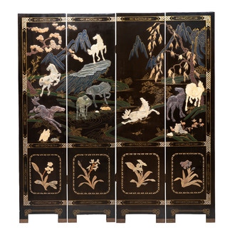 A Chinese precious-stone-inset gilt-lacquered four-panel 'Ba Jun Tu 八骏图' folding screen, 20th C.