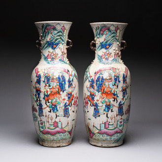 A pair of Chinese Nanking famille rose vases with narrative design, Chenghua mark, 19th C.