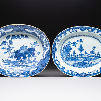 Two Chinese blue and white chargers with floral and landscape design, Qianlong