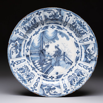 A large blue and white Dutch Delft chinoiserie dish, late 17th C.