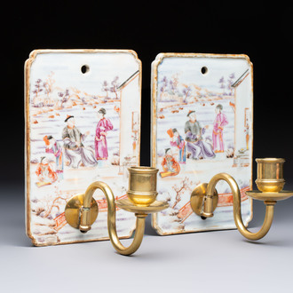A pair of Chinese Canton famille rose 'Mandarin Subject' wall sconces, Qianlong