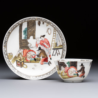 An extremely rare Chinese famille rose 'L'Apoticaire Charitable' cup and saucer, Yongzheng/Qianlong