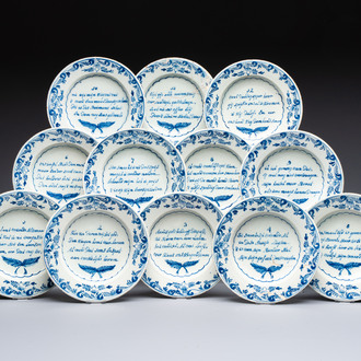 A set of 12 blue and white Dutch Delft 'Proverb' plates, 18th C.