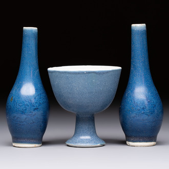 A pair of Chinese blue-glazed 'Hatcher Cargo' vases with incised dragons and a stem cup, Transitional period