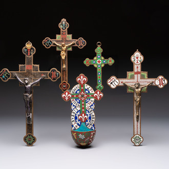 Four Chinese cloisonné crucifixes and a holy water font, 19th C.