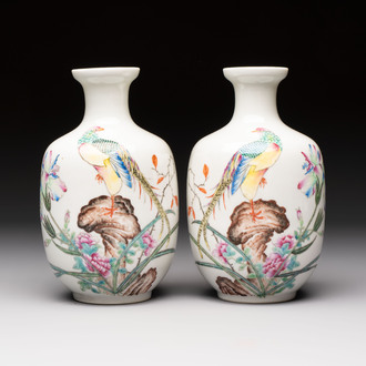 A pair of Chinese famille rose 'Pheasants' vases, Qianlong mark, Republic