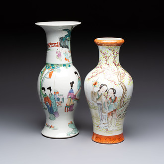 Two Chinese famille rose 'Elegant Beauties' vases, one with a Guan Yao Nei Zao 官窯內造 mark, signed Luo Su Shi 羅宿氏 and dated 1931, the other 19th C.