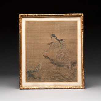 Chinese school: 'Bodhisattva and a Dragon', ink and colour on silk, 19th C.