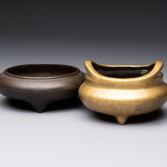 Two Chinese bronze tripod censers, Xuande and double-vajra mark, 19th C.